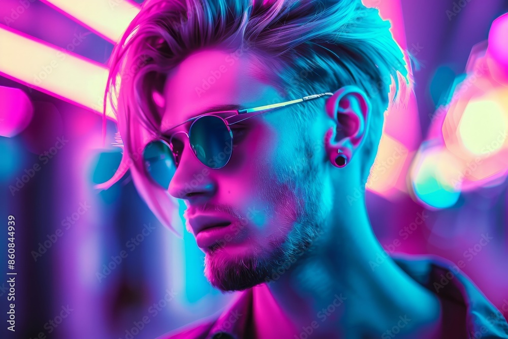 Stylish Guy in Neon Light - Trendy Look - Concept of Modern Fashion Technology Stylish Guy in Neon Light - Trendy Look - Concept of Modern Fashion Technology