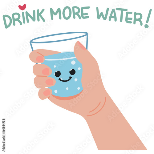 Drink more water for hydrate hand holding glass of mineral water vector illustration