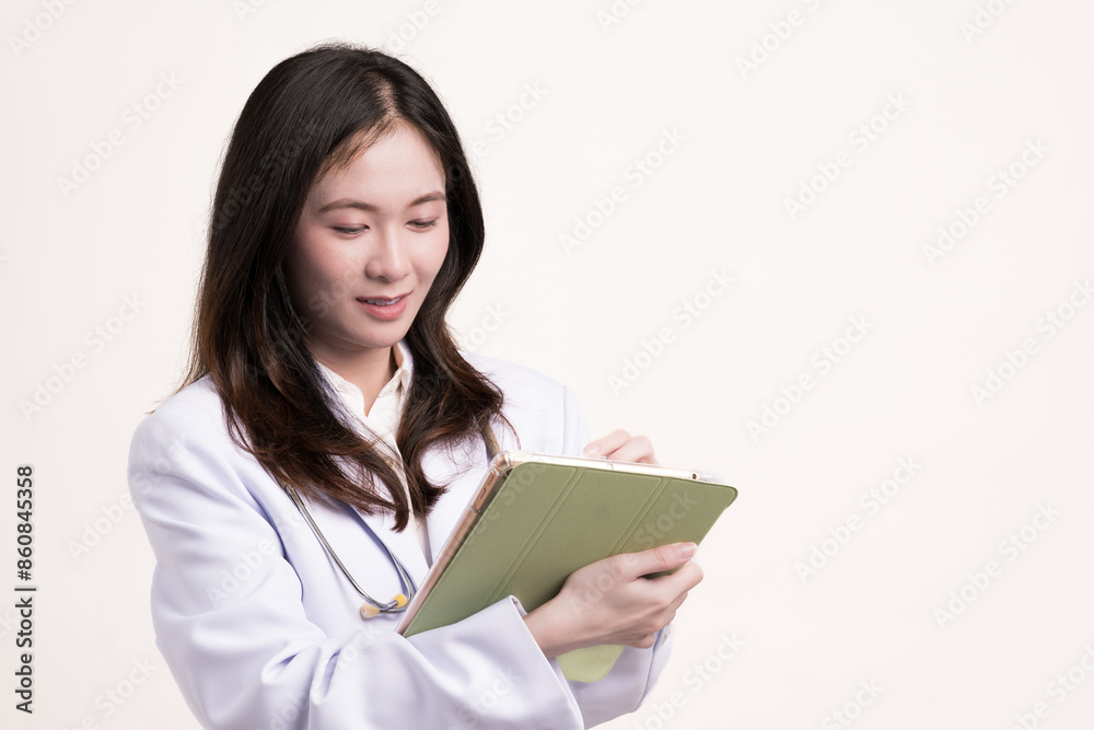 Portrait of happy female doctor wearing medical uniform and stethoscope at hospital.Beautiful smiling asian woman doctor isolated on white background.Doctor standing holding digital tablet in her hand Portrait of happy female doctor wearing medical uniform and stethoscope at hospital.Beautiful smiling asian woman doctor isolated on white background.Doctor standing holding digital tablet in her hand