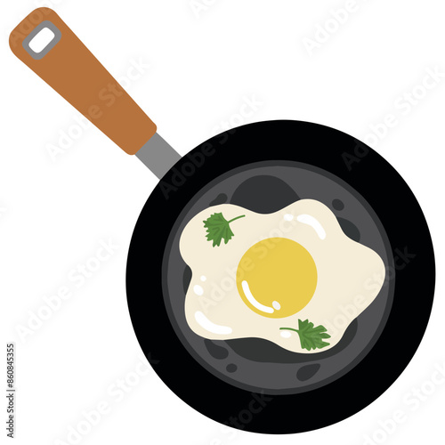 Fried egg with spices and parsley leaves on frying pan food for healthy life vector illustration