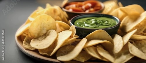 Thin and Crispy Potato Chips with Red and Green Sauces on Gray Table