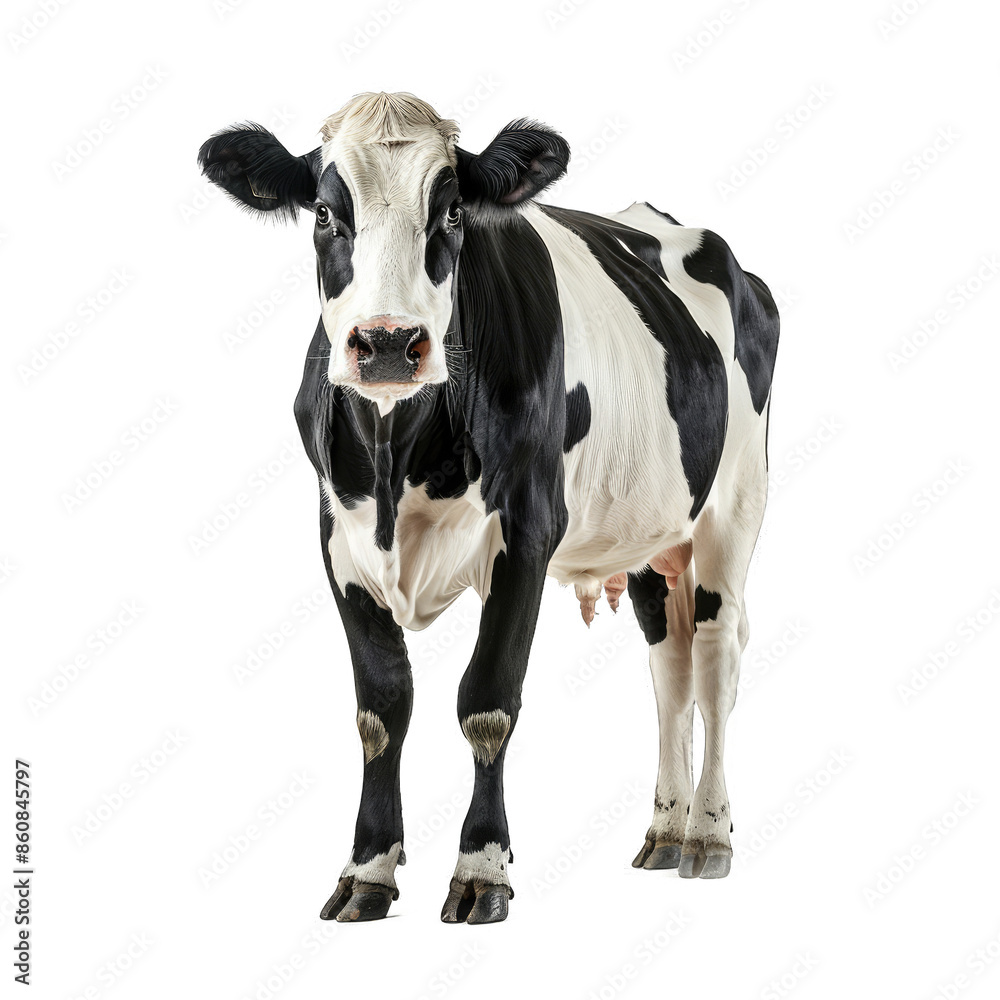 Black and White Cow Standing Upright Full Length Front View. Isolated on a Transparent Background. Cutout PNG. Black and White Cow Standing Upright Full Length Front View. Isolated on a Transparent Background. Cutout PNG.