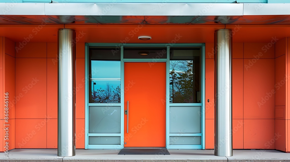 Fototapeta premium door painted in a vibrant shade of tangerine, framed by a modern portico with a brushed aluminum overhang and asymmetrical pillars
