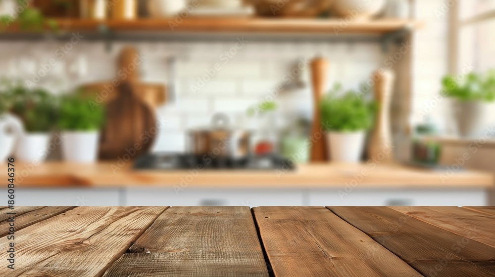 Rustic wooden table with blurred farmhouse kitchen background Rustic wooden table with blurred farmhouse kitchen background