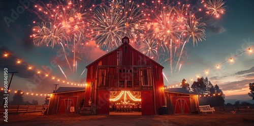 Old red barn at night with lights on inside, illuminated by fireworks in the sky, eye-level perspective, festive atmosphere, American holiday celebration
