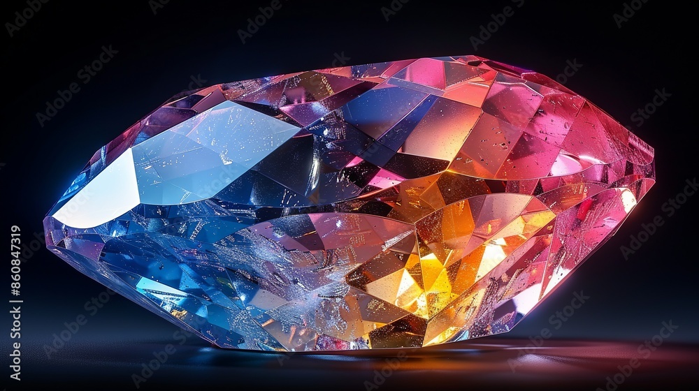 A stunning three-dimensional gemstone, with intricate facets and brilliant colors, set against a dark background, perfect for luxury jewelry and high-end fashion designs. Illustration, Minimalism, A stunning three-dimensional gemstone, with intricate facets and brilliant colors, set against a dark background, perfect for luxury jewelry and high-end fashion designs. Illustration, Minimalism,