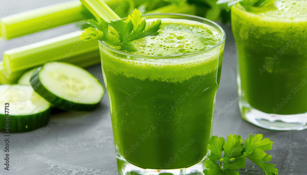 Two glasses of green juice with cucumber slices and parsley on the side Two glasses of green juice with cucumber slices and parsley on the side