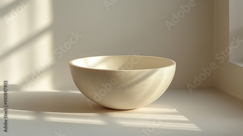 White ceramic bowl on white tabletop in sunlight.