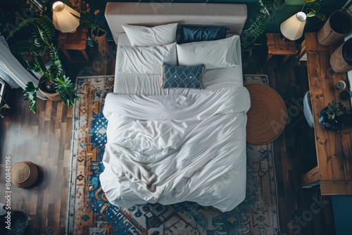 A photograph of a bed with white sheets and pillows from above photo