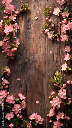 A wooden backdrop adorned with delicate apricot tree blossoms sets the scene for celebrating the arrival of spring Easter and Mother s Day This top down view offers a perfect spot for addin