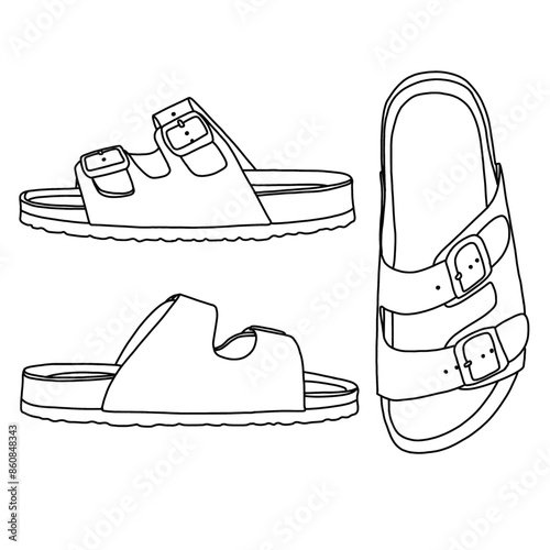 Women's Suede Sandals Comfortable Support Summer Slides Line art, Technical sketch drawing outline vector doodle illustration top and side view, isolated on white background