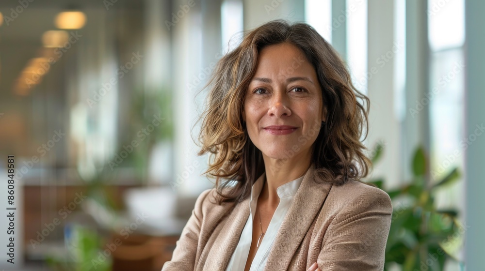A businesswoman standing confidently in an office setting with her arms crossed, ready to discuss or negotiate A businesswoman standing confidently in an office setting with her arms crossed, ready to discuss or negotiate