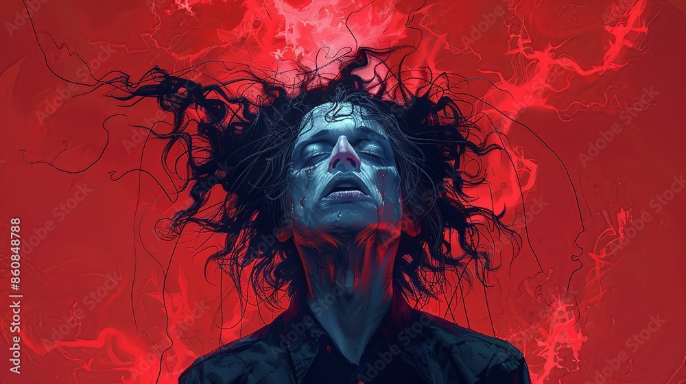 Fototapeta premium A psychotic character, with wild hair and a crazed expression, depicted in a dramatic pose, perfect for horror illustrations, thriller book covers, and psychological thriller advertisements.