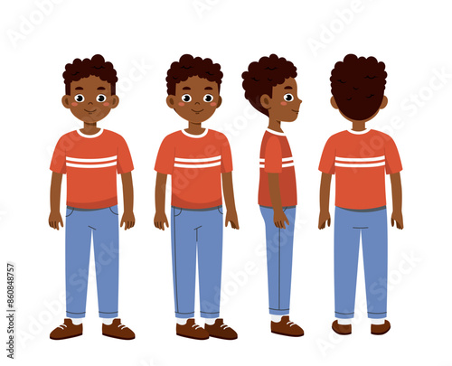 African man constructor. Set of boys in casual clothes. Creating illustrations and animations. Graphic element for website. Cartoon flat vector collection