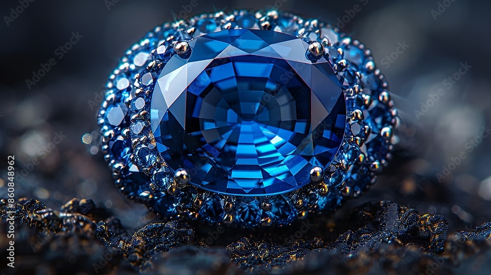 A radiant blue sapphire gemstone, with intricate detailing and a dark background, perfect for showcasing luxury jewelry and high-end fashion accessories. Illustration, Minimalism,