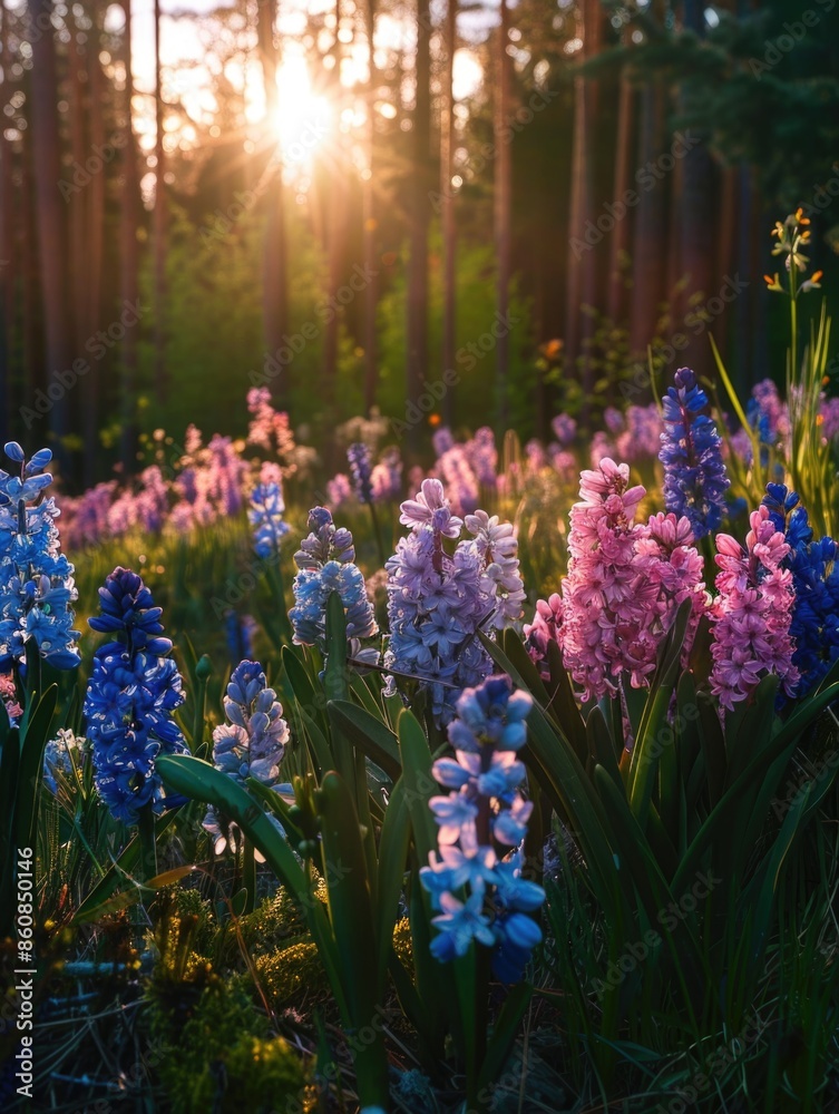 Obraz premium A field of vibrant purple and blue flowers alongside a dense forest, perfect for nature, landscape or botanical use