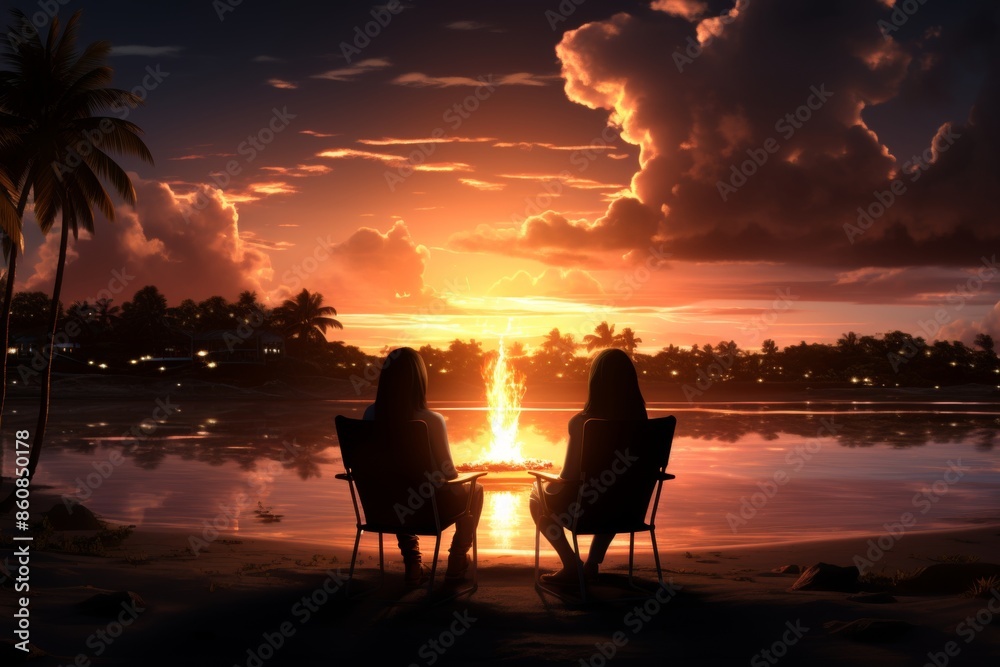 Obraz premium A couple sits in beach chairs, savoring the breathtaking sunset over the water as a bonfire flickers, creating a warm and romantic atmosphere by the tranquil seaside.