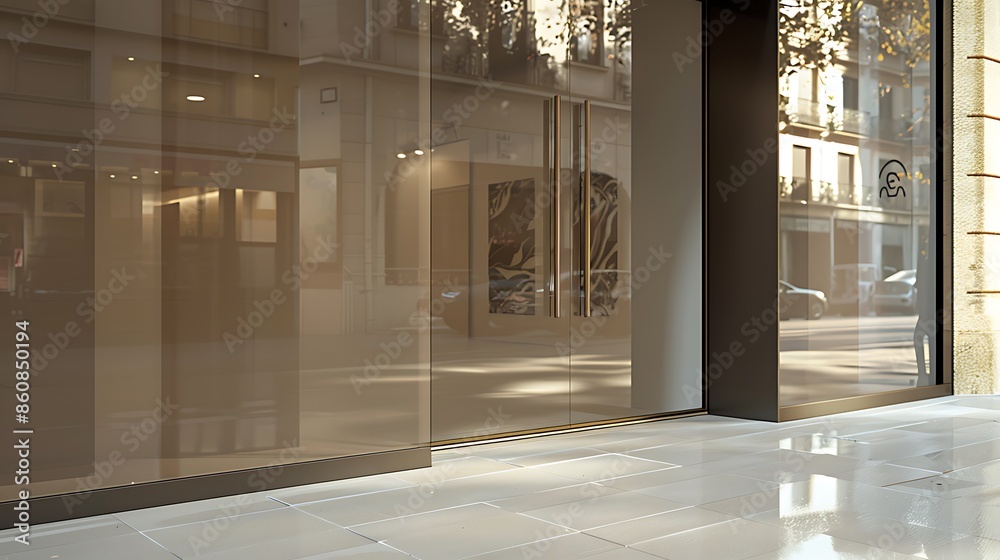 Fototapeta premium glossy taupe door on a contemporary art gallery, with clean lines and a facade that plays with light and shadow
