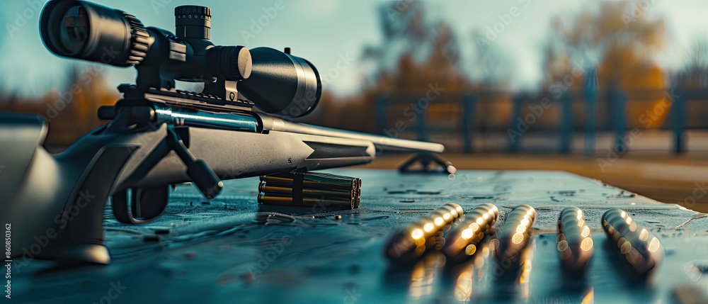 Sniper rifle with bullets, outdoor range, blurred targets, sleek design, bright daylight, shadows.