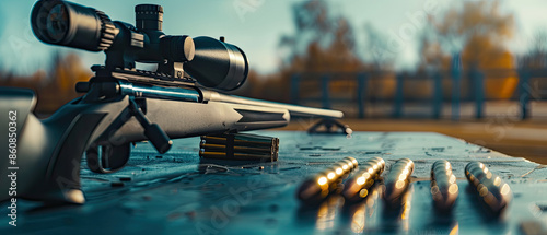 Obraz na płótnie Sniper rifle with bullets, outdoor range, blurred targets, sleek design, bright daylight, shadows. w salonie