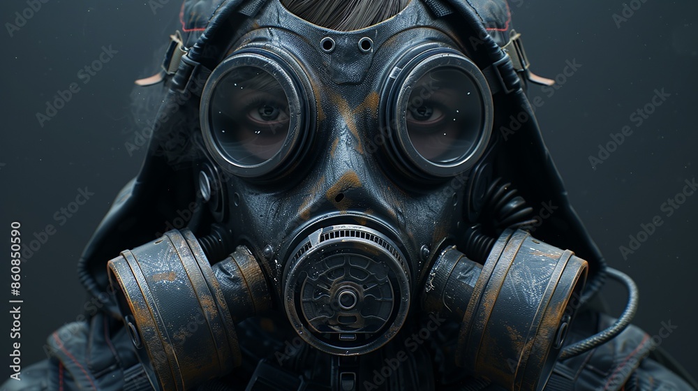 A realistic gas mask, intricately detailed, ideal for environmental themes, survival gear advertisements, and post-apocalyptic illustrations. Illustration, Minimalism, A realistic gas mask, intricately detailed, ideal for environmental themes, survival gear advertisements, and post-apocalyptic illustrations. Illustration, Minimalism,