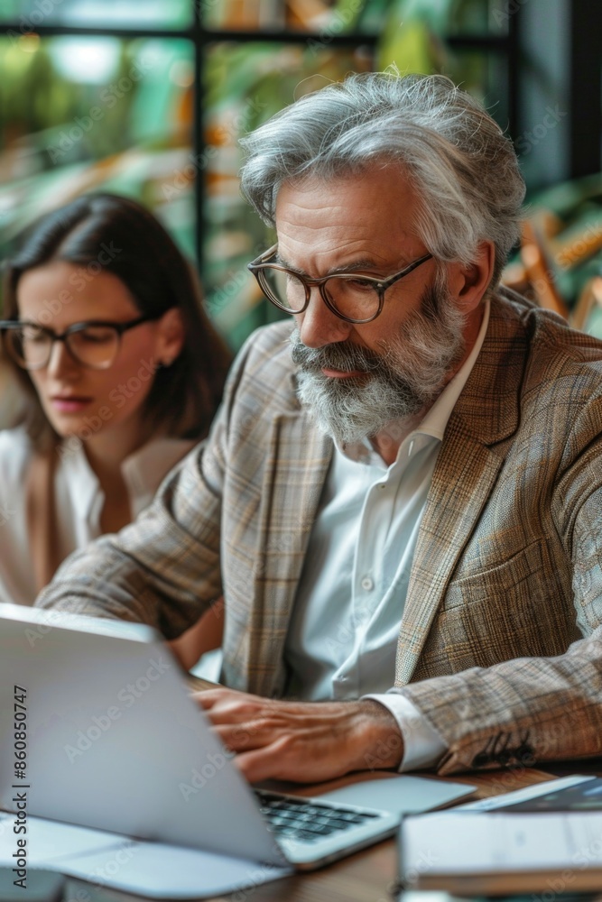 Obraz premium Man and woman collaborating on computer, great for team or work-from-home concepts