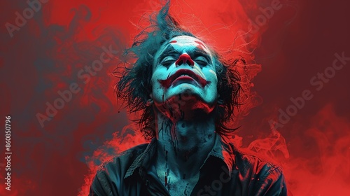 A psychotic character, with wild hair and a crazed expression, depicted in a dramatic pose, perfect for horror illustrations, thriller book covers, and psychological thriller advertisements.
