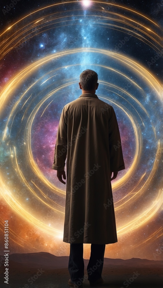 Man in front of glowing space portal, exploration of the future Man in front of glowing space portal, exploration of the future