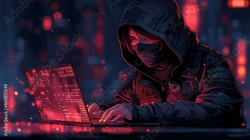 An intense hacktivist character, with a dark hoodie and mask, typing on a laptop, set against a digital background, perfect for cyber security and activism-themed illustrations. Illustration, photo