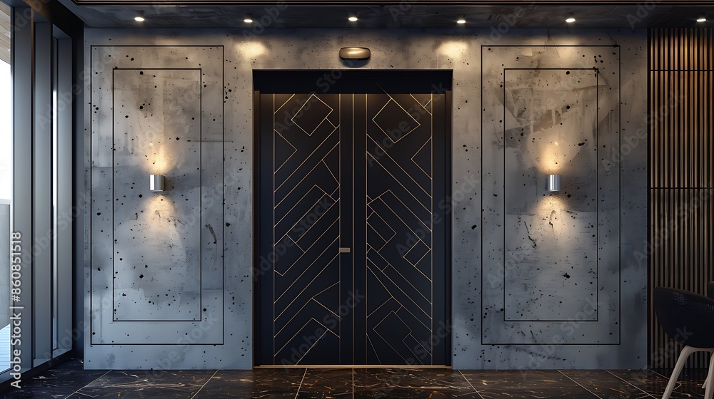 matte black door with geometric patterns, framed by polished concrete walls and subtle recessed lighting