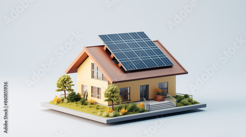 Miniature house model with solar panels on the roof, surrounded by small trees and greenery, perfect for promoting renewable energy and eco-friendly living concepts.