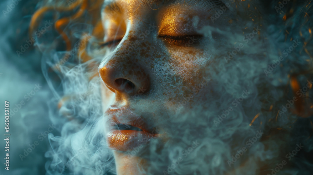A woman with a face covered in glitter and smoke A woman with a face covered in glitter and smoke