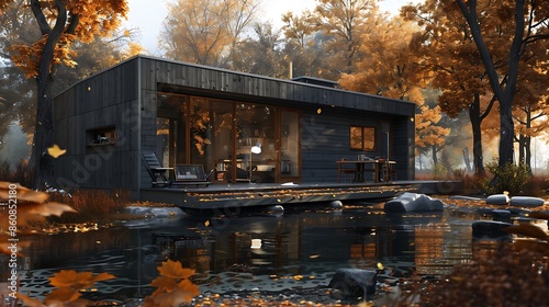 secluded writera??s retreat with a dark gray wooden exterior, surrounded by autumn trees and a tranquil pond