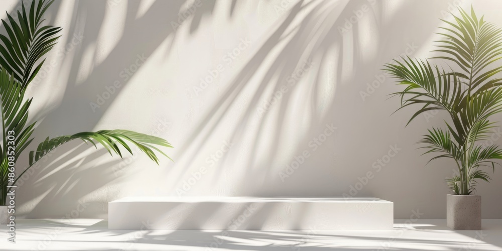 A simple outdoor scene with a bench and two palm trees