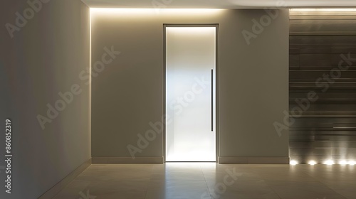 minimalist entryway with a door made of frosted glass panels, illuminated by subtle, hidden LED strips