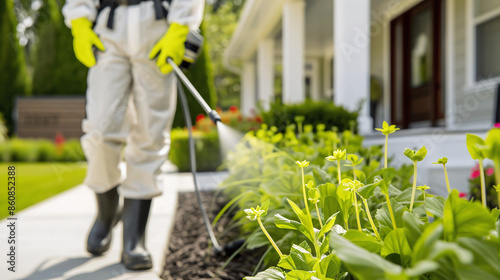 pest control technician wearing protective clothing treating the perimeter of a suburban house, outdoor pest control