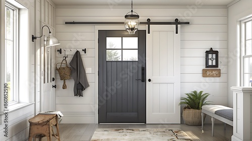 modern farmhouse entryway with a charcoal gray door, accented by white trim and rustic barn lighting photo