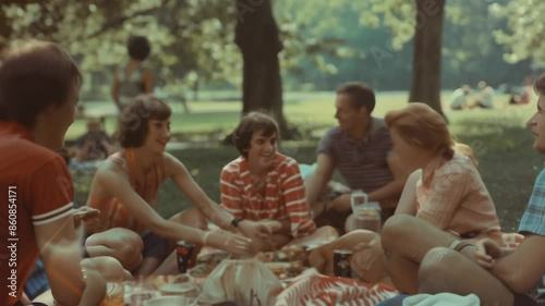 Retro scene of family enjoying picnic in lush park. Adults and children gathered around blanket with food. Warm color palette evokes 1970s era. Trees and greenery frame the group. 