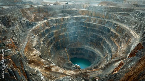 A large hole in the ground with a blue pool of water in the middle photo