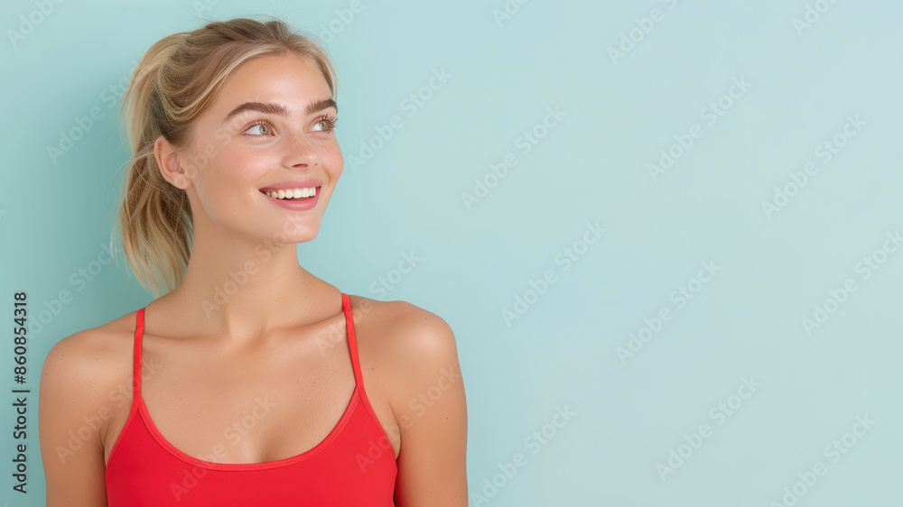 Caucasian woman smile wearing sportswear isolated on pastel background Caucasian woman smile wearing sportswear isolated on pastel background