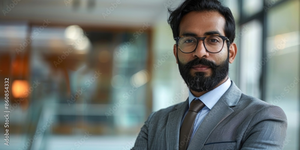 Fototapeta premium Professional man in suit and tie standing and smiling, perfect for business or corporate use