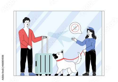 Detaining person at airport. Dog sniffs out suspicious man with suitcase. Security officers arrest citizen. Terrorism prevention, security. Linear flat vector illustration