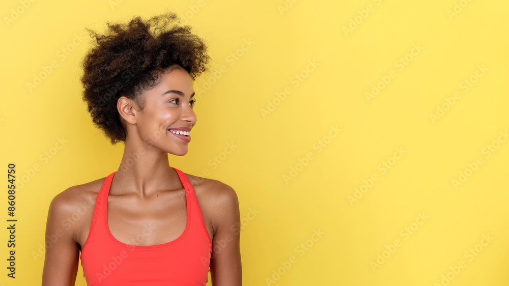 Afro woman smile wearing sportswear isolated on pastel background