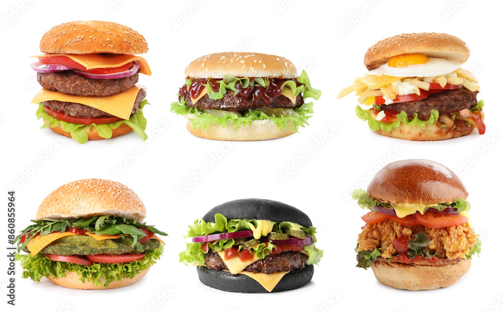 Different delicious burgers isolated on white, set Different delicious burgers isolated on white, set