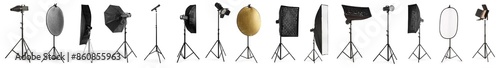 Set of different professional photo studio equipment isolated on white