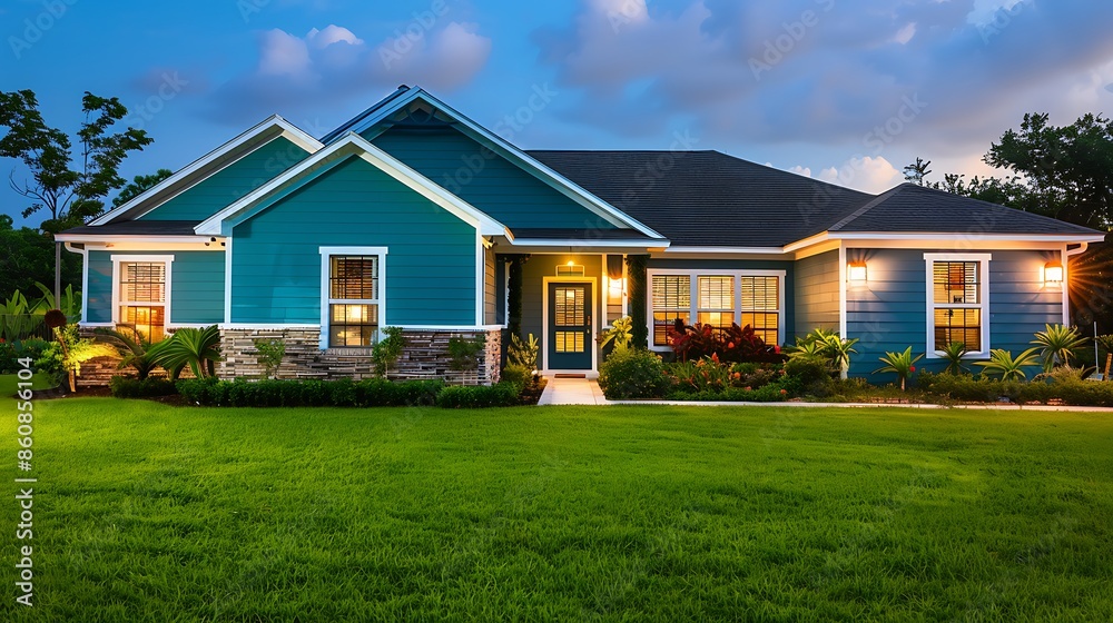 suburban home painted in a deep teal, with contrasting white trim and a lush, green front lawn under evening lights suburban home painted in a deep teal, with contrasting white trim and a lush, green front lawn under evening lights