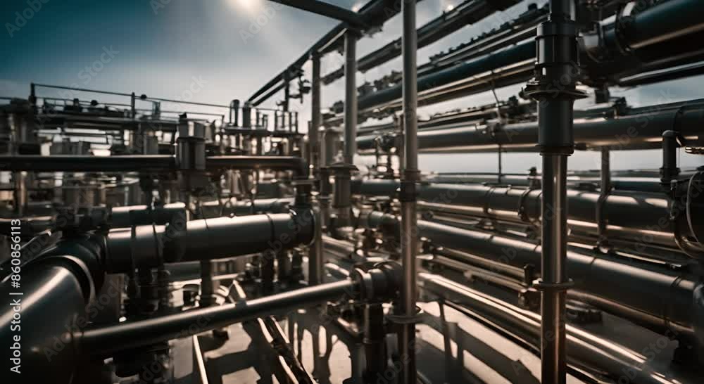 A complex network of pipes and valves on a large scale. Industrial zone.
A complex network of pipes and valves on a large scale. Industrial zone.