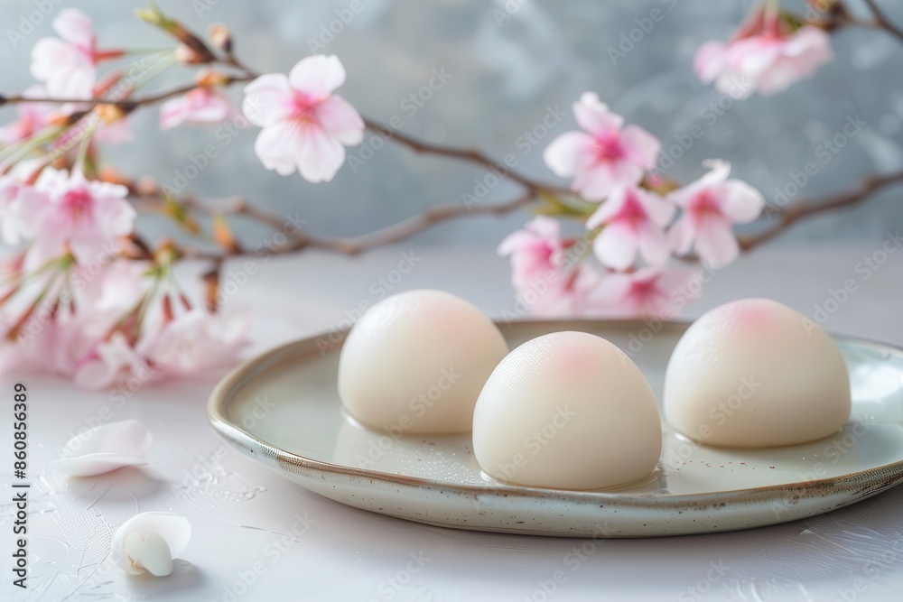 artfully arranged mochi desserts pastel colors traditional japanese styling cherry blossom garnish minimalist ceramic plate artfully arranged mochi desserts pastel colors traditional japanese styling cherry blossom garnish minimalist ceramic plate