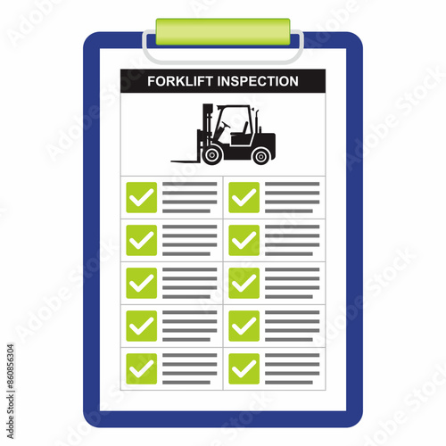 Vector illustration of forklift safety inspection checklist document. Paper board holder with green checkmark point of checking.	