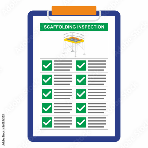 Vector illustration of scaffolding safety inspection checklist document. Paper board holder with green checkmark item point of checking.